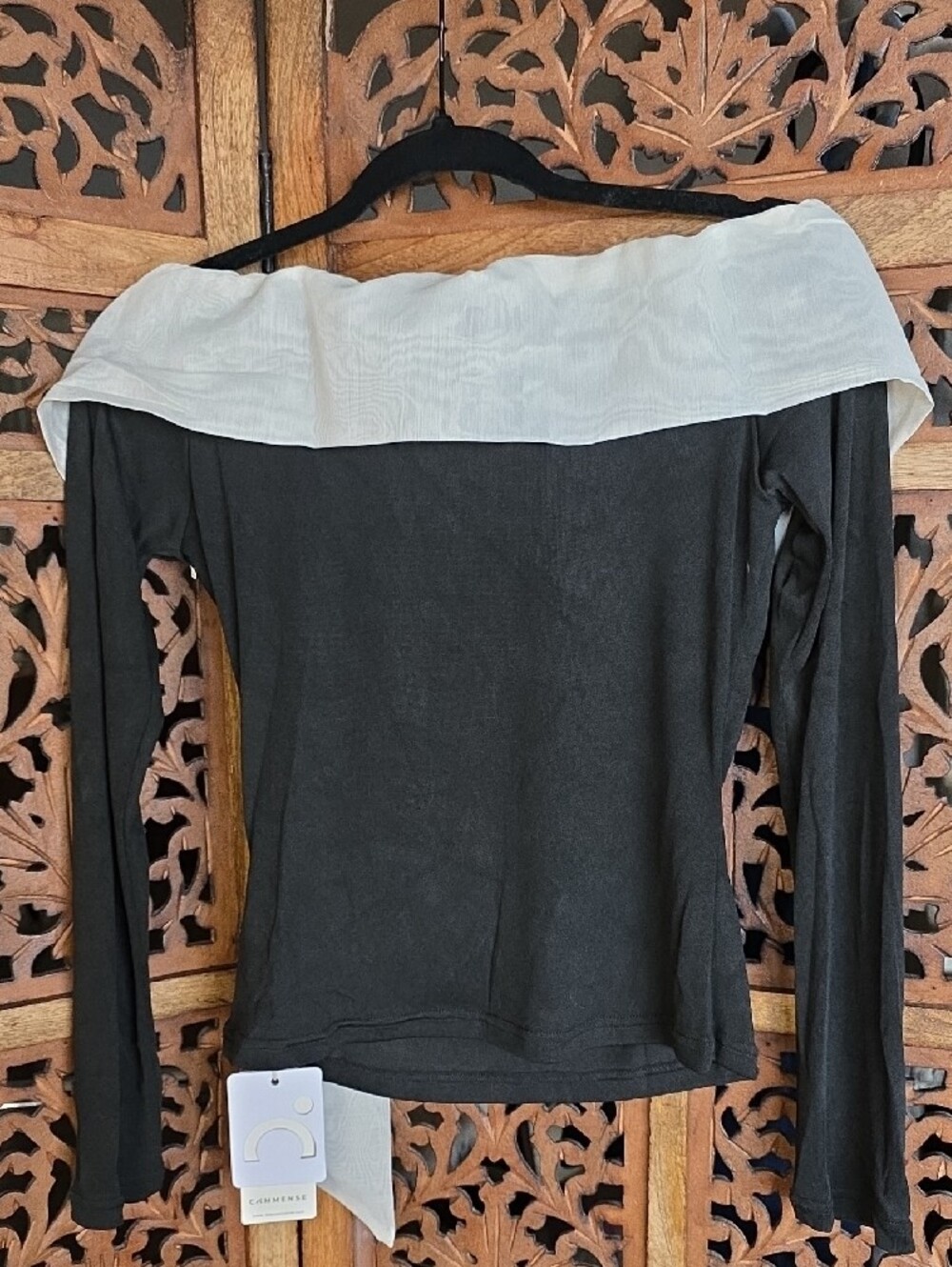 Commense Black Long Sleeve Top with Cream Tie-Detail - Picture 5 of 6